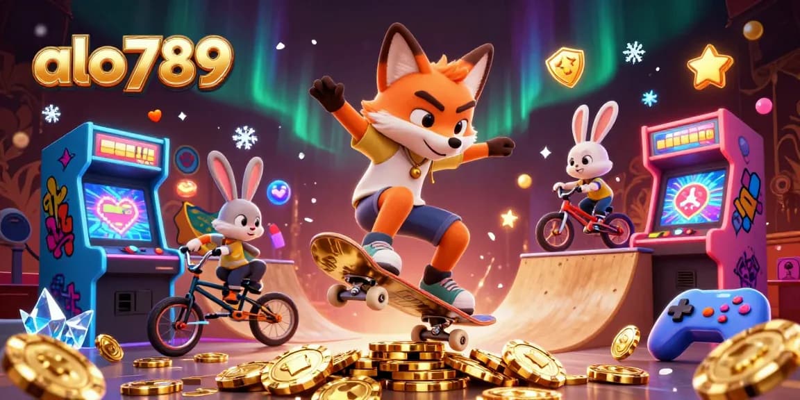 Experience thrilling action in alo789 with a vibrant 3D casino-themed illustration featuring dynamic characters and gaming elements.