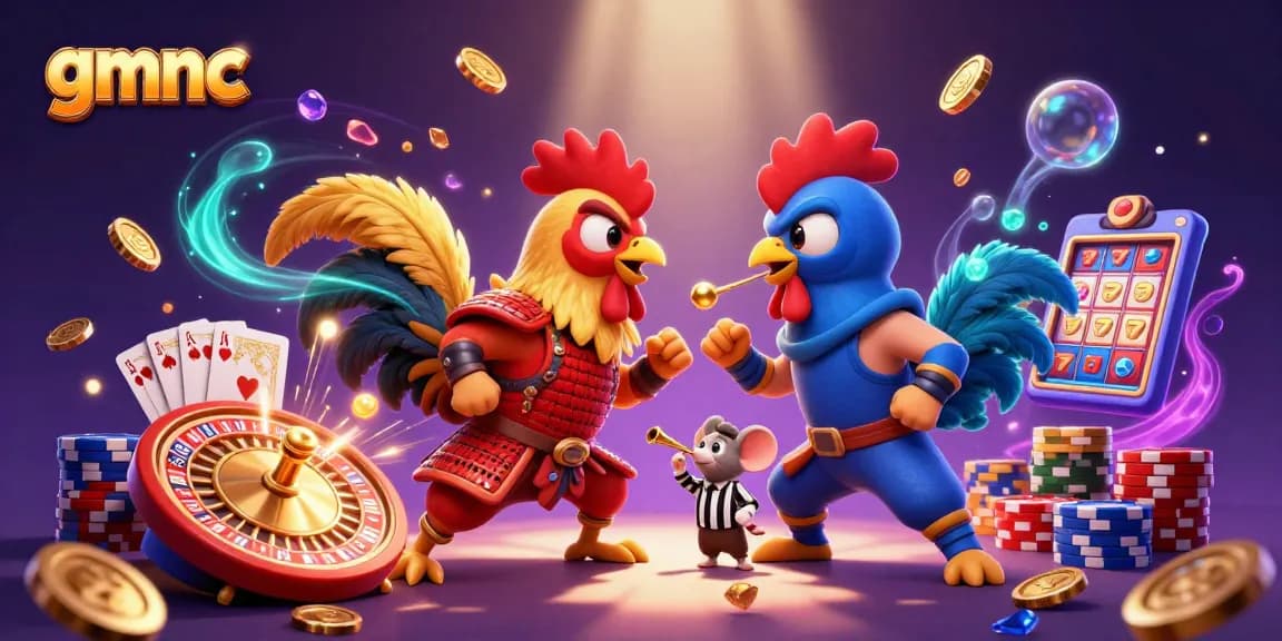 Witness intense roosters clash in gmnc's gambling arena with coins and cards swirling around.