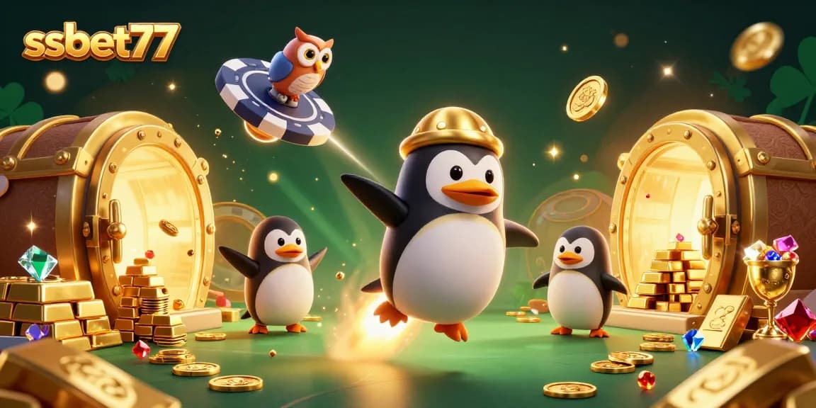 Experience the excitement of winning at ssbet77 with a dynamic casino-themed 3D illustration of a golden penguin in space.