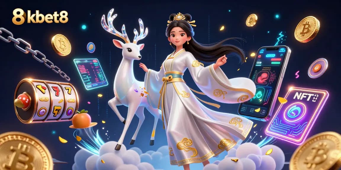 Engage with 8kbet8 in this vibrant, detailed casino illustration showcasing a mesmerizing Asian woman and crypto elements.