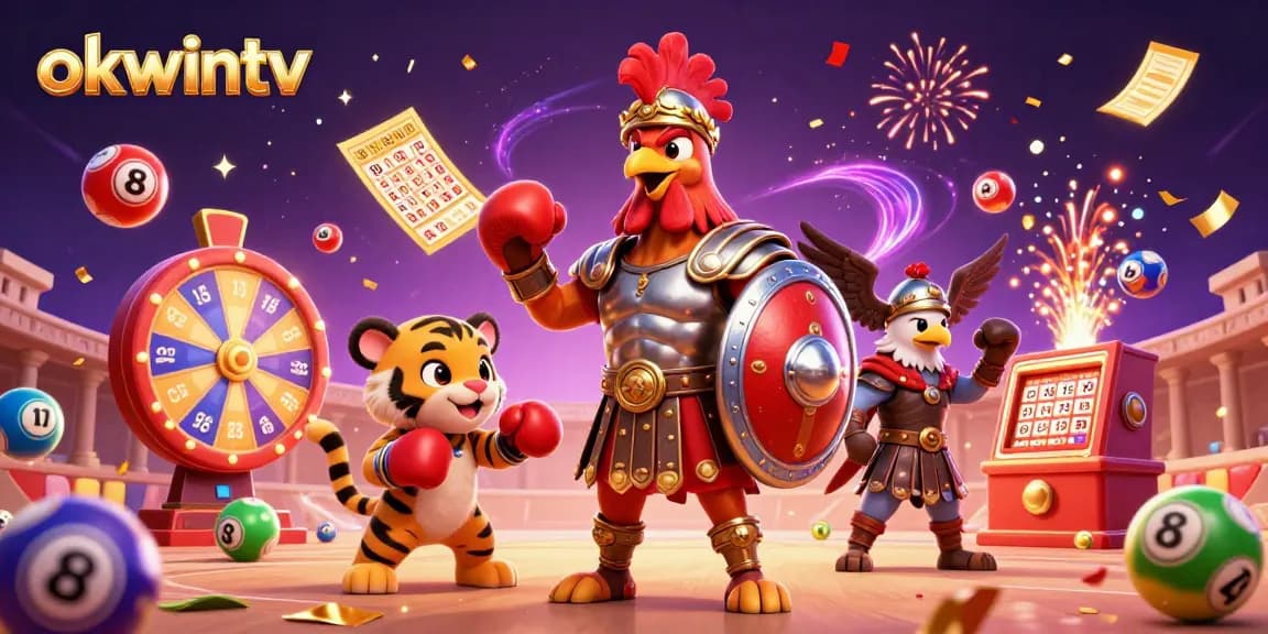 Engage with okwintv's exciting lottery scene featuring dynamic elements like bouncing balls and winning tickets.