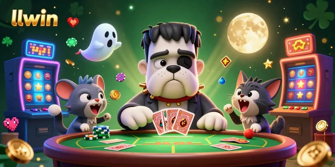 Experience thrilling gameplay at llwin with a festive scene featuring a Frankenstein bulldog dealer, ghostly mouse, and a werewolf kitten.