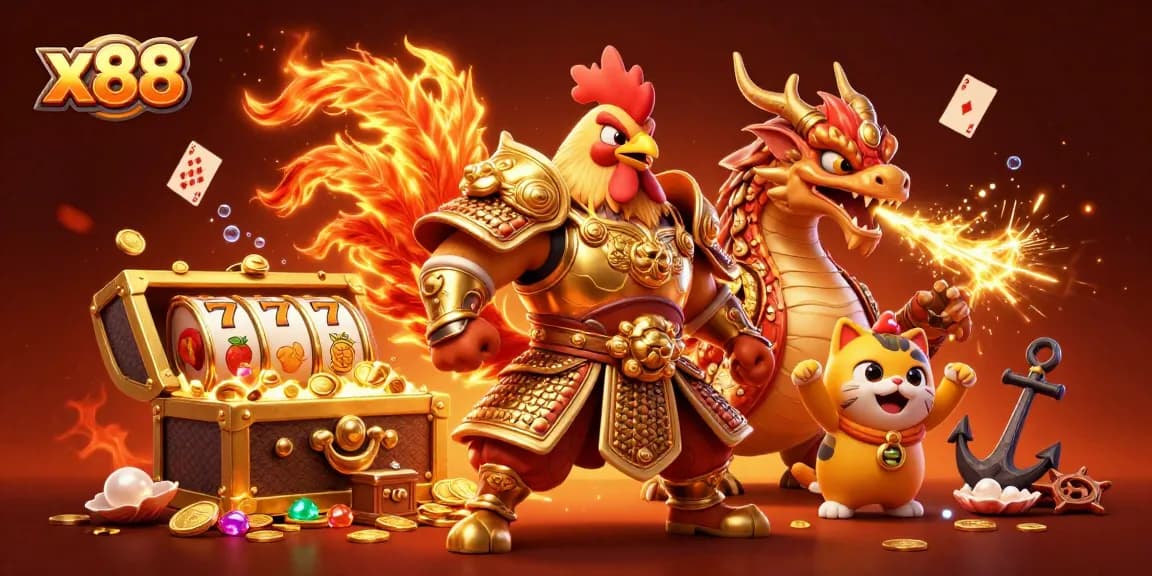 x88 offers an exciting fighting rooster and dragon scene surrounded by casino imagery.