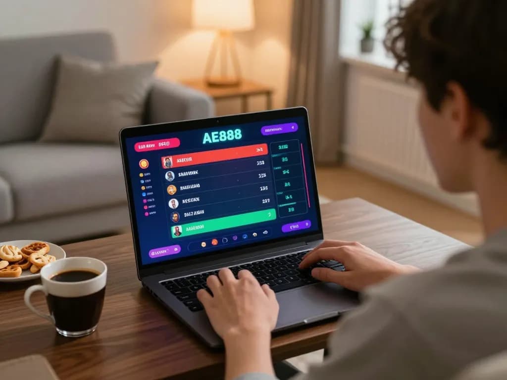 Engage in live betting on AE888 while enjoying a comfortable home setting, featuring a player with a laptop.