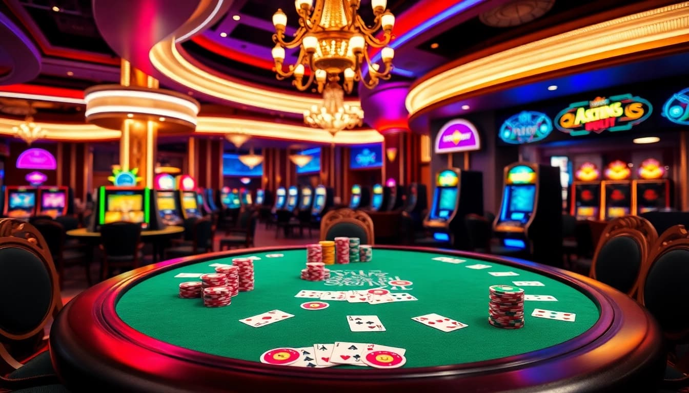 Experience the thrill of 789f at this vibrant, upscale casino scene featuring a poker table with colorful chips and cards.