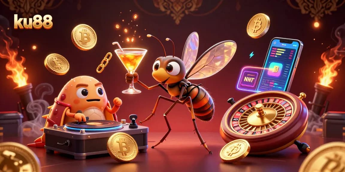 Engage with ku88's vibrant casino action featuring a mosquito mascot and trilobite DJ amidst glowing crypto elements.