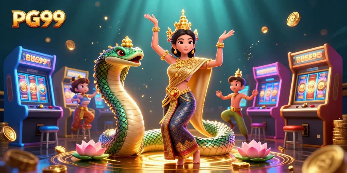 Engage with the dynamic PG99 ambiance featuring a Thai dancer and Naga serpent amidst gaming excitement.