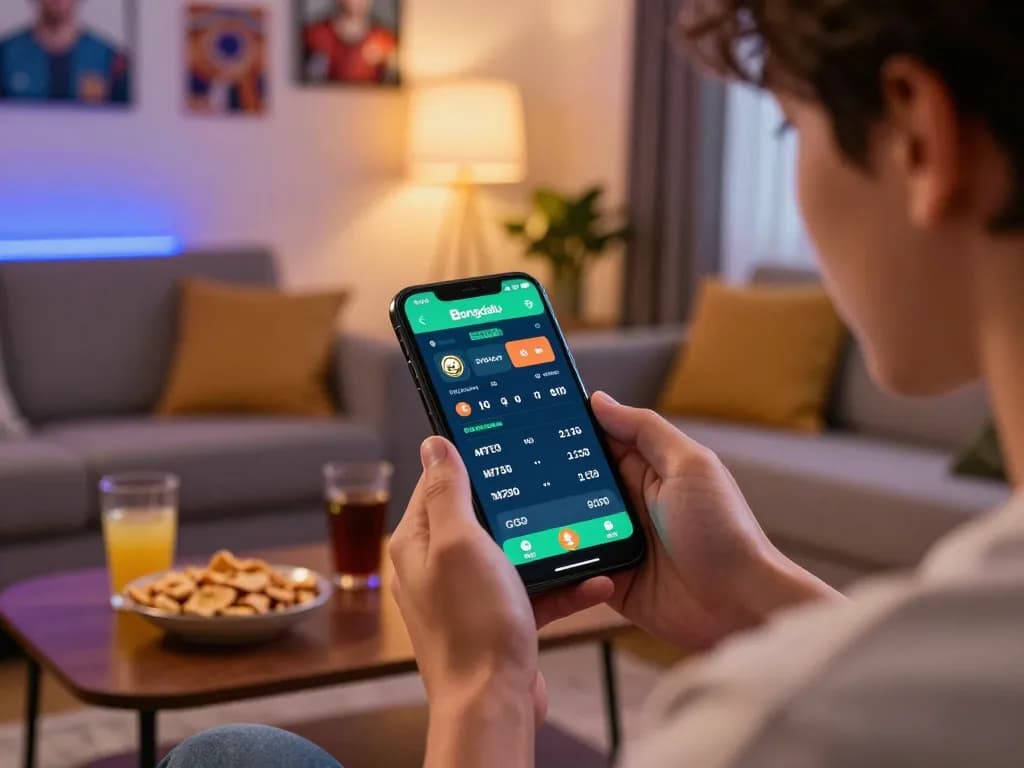Engaging with the Bongdalu mới app for live sports betting in a cozy home setting.