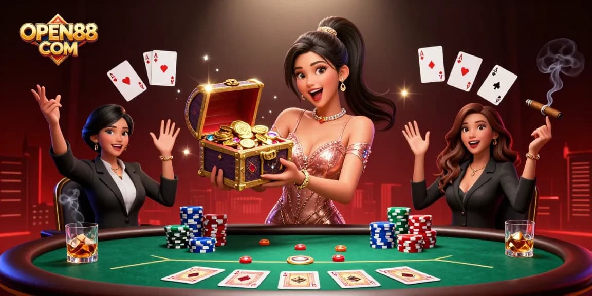 Experience thrilling gambling excitement at OPEN88 COM with a stunning poker scene filled with treasures.