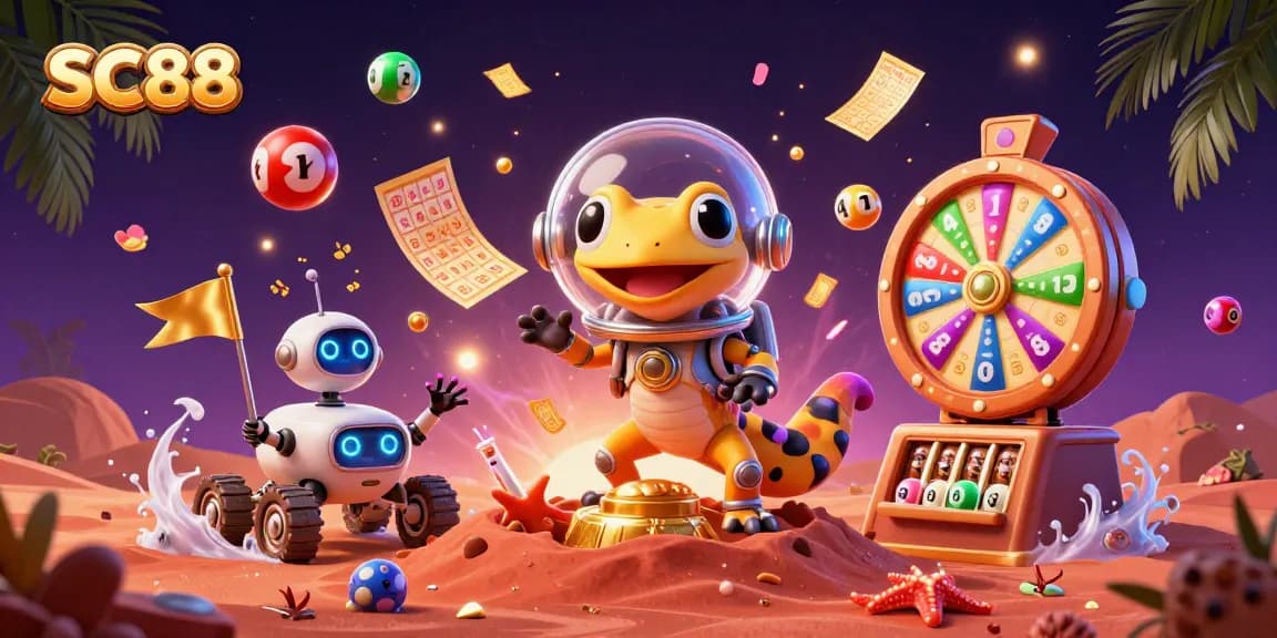 Experience the excitement of SC88 gaming with a vibrant cartoon gecko discovering a hidden casino.