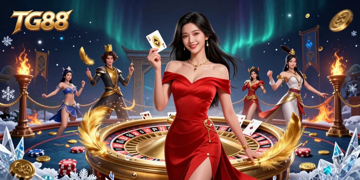 Play and win at TG88 with a glamorous casino scene featuring a confident Asian dealer and roulette.