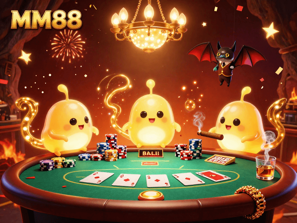 Engage with MM88 casino's vibrant atmosphere featuring glowworms illuminating a lively card game.