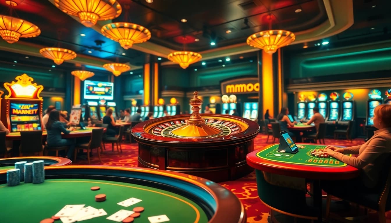 A vibrant casino scene with roulette and gambling elements centered around mmoo, showcasing excitement and luxury.