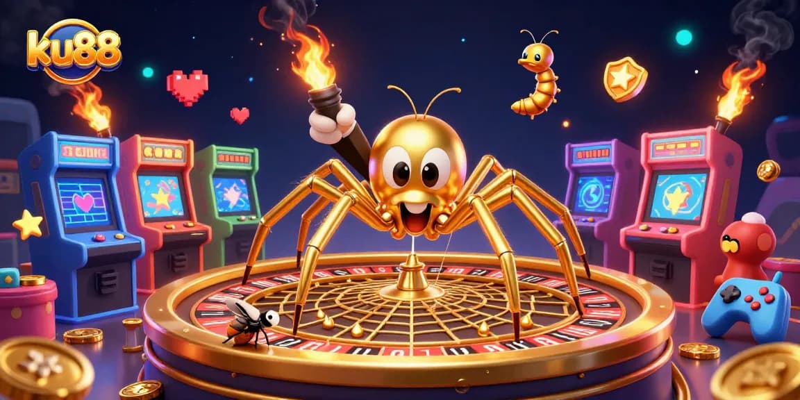 ku88 captures the thrill of casino gaming with a golden spider, roulette web, and colorful arcade machines.
