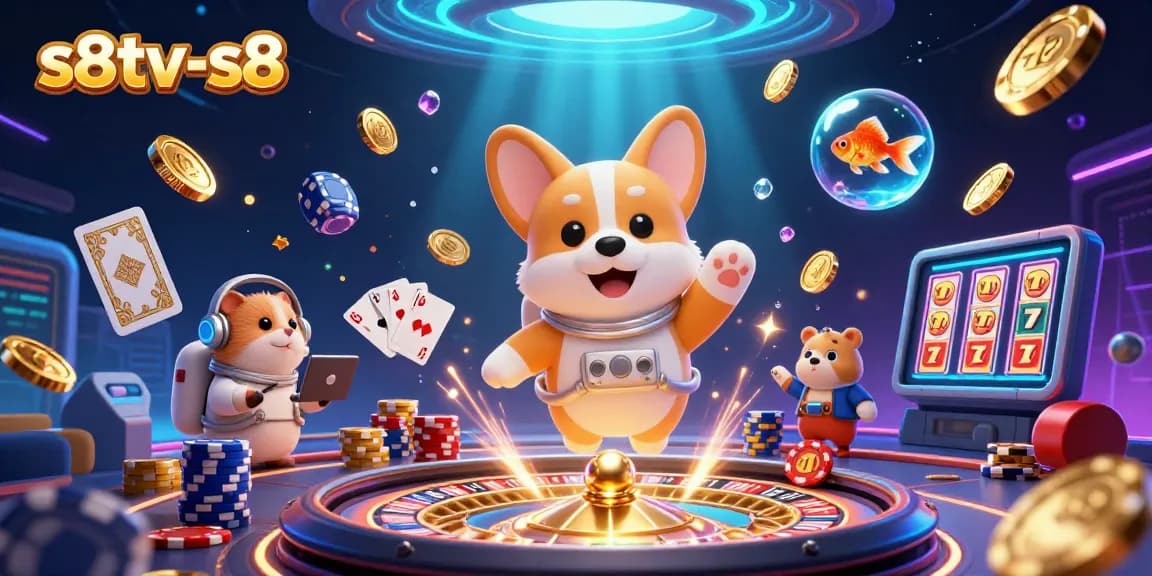 Experience the thrilling world of s8tv-s8 with a playful astronaut corgi in a vibrant casino scene.