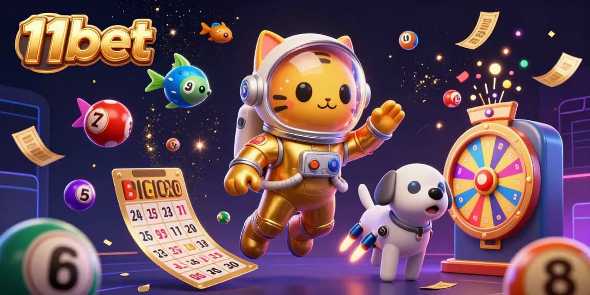 Engage with thrilling 11bet gaming experiences in a vibrant, dynamic 3D illustration featuring colorful lottery elements and space characters.