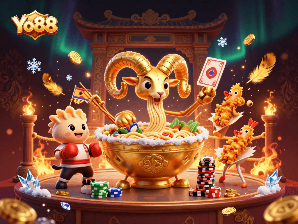 Yo88 engages players with a lively 3D casino scene featuring animated food characters and gambling elements.