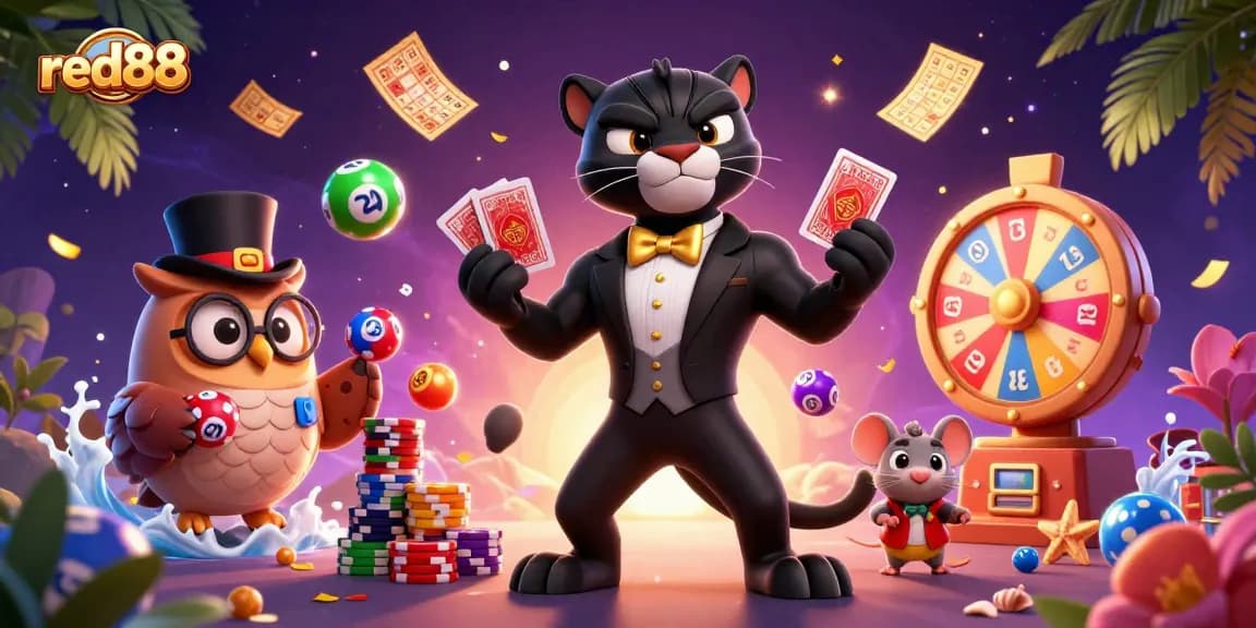 Experience thrilling gameplay at red88 with a stylish panther dealer, vibrant casino elements, and captivating characters.