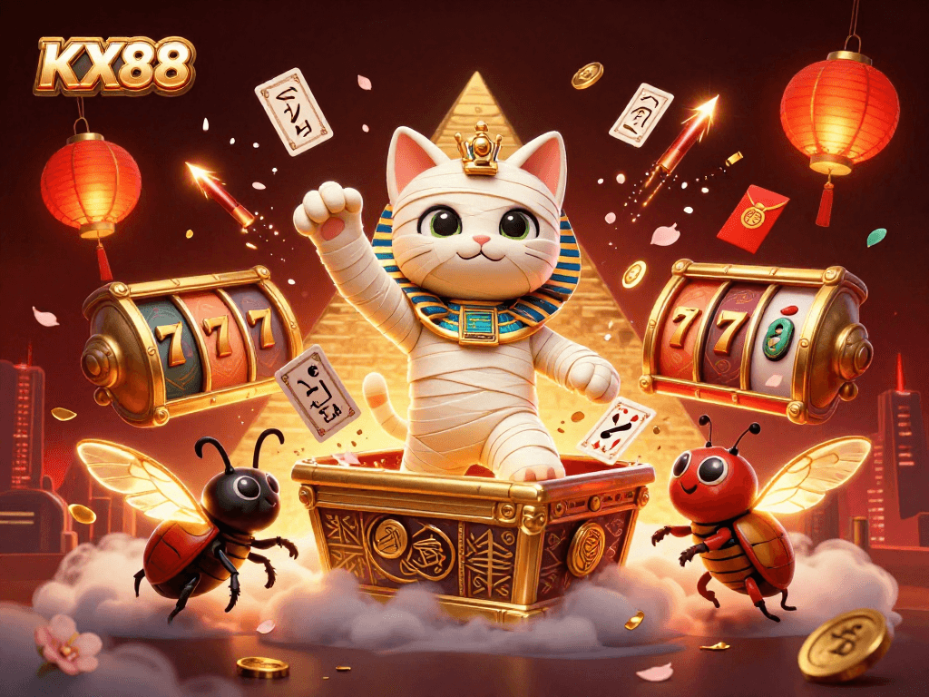 Engage in thrilling slots action with KX88 featuring a mummy cat and vibrant casino elements.