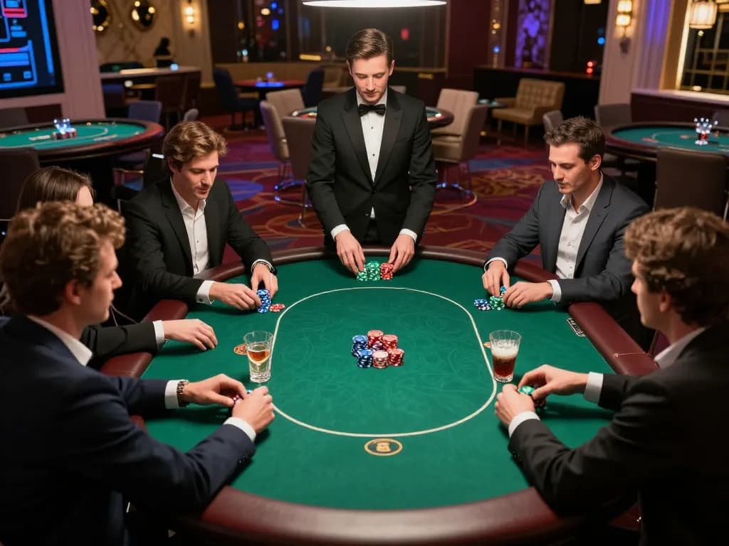 Players strategizing in a high-stakes poker game at 789WIN casino, showcasing intense atmosphere and luxury