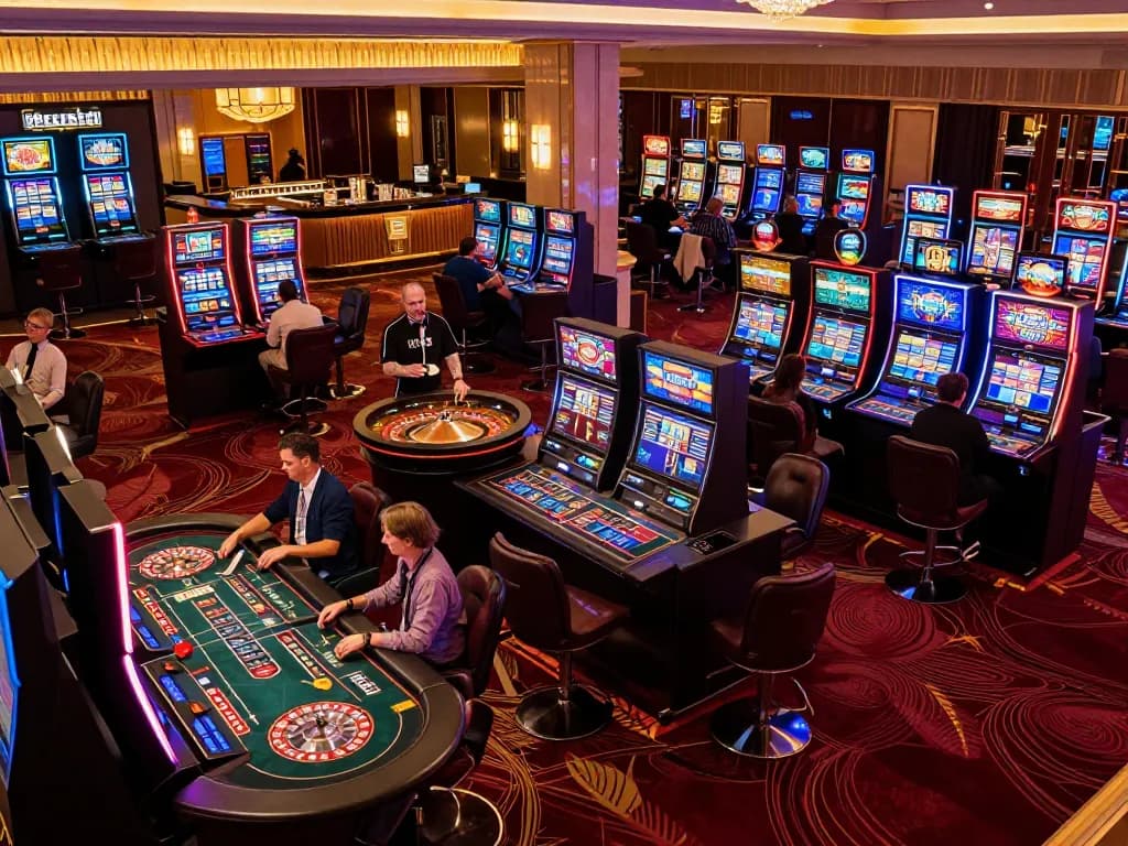 Engaging scene at DH88 casino with players enjoying various games and colorful slot machines.