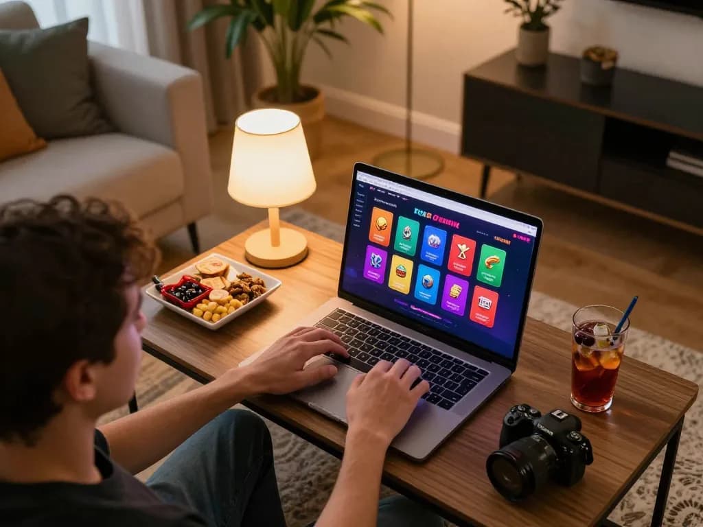 Engaging user betting on Fun88 interface in a cozy home setting with laptop and snacks.
