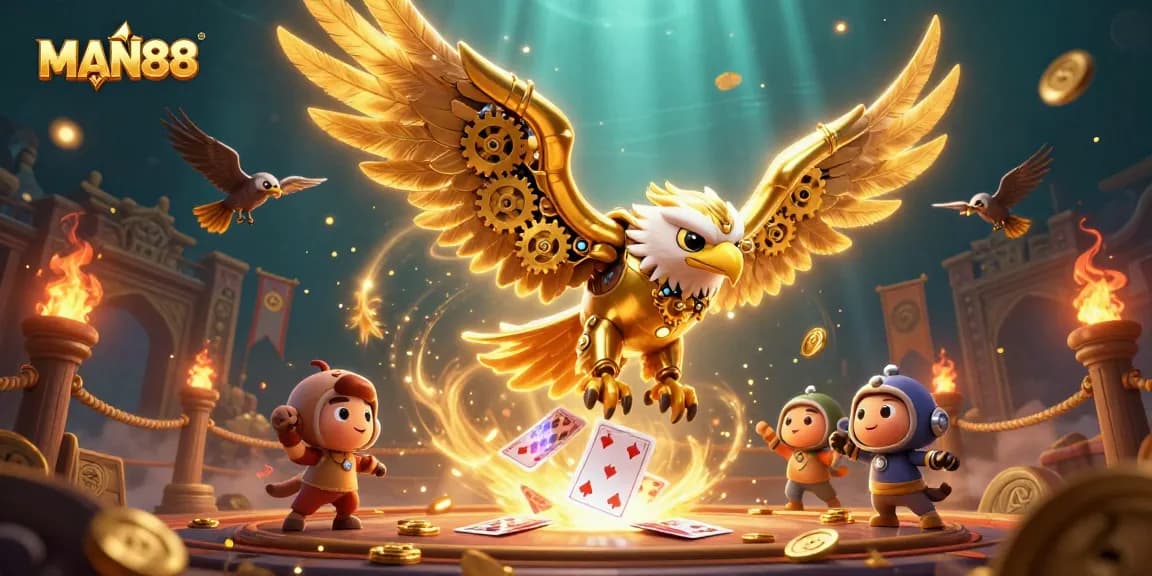 Experience thrilling gameplay with MAN88's immersive 3D casino environment featuring golden eagles and playing cards.