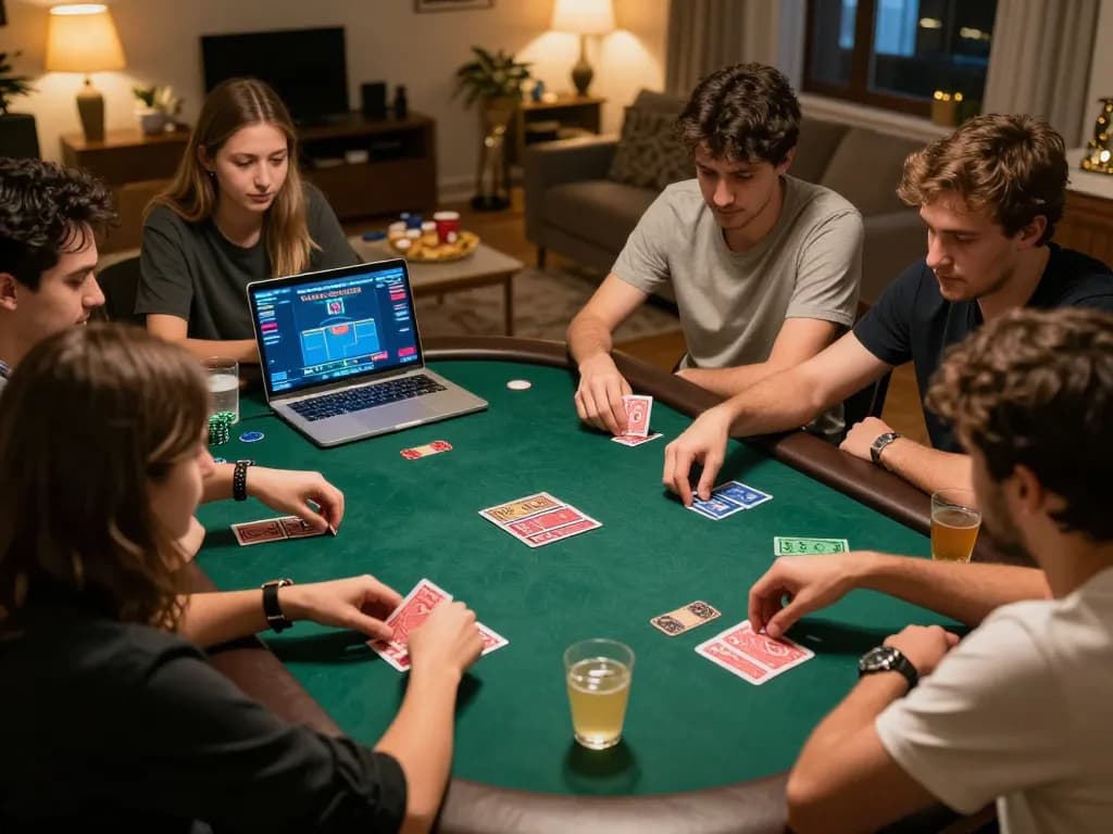 Engage in online poker with 77WIN on cozy home setup featuring friends and strategic gameplay.