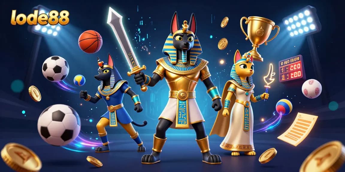 Bet on lode88 with a dynamic 3D illustration showcasing ancient warriors and vibrant sports elements.