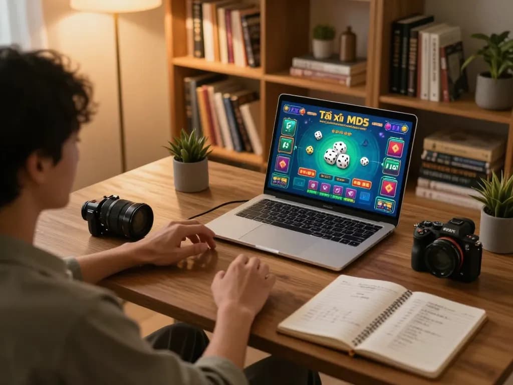 Engaging in Tài xỉu MD5 gameplay on a laptop in a cozy home office, showcasing strategic notes.