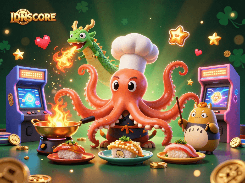 Experience the excitement of IDNSCORE with a vibrant gaming visual showcasing dynamic characters and casino elements.