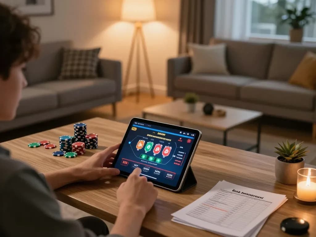 Engaging in online gambling with a lucky win through a tablet in a cozy home setting