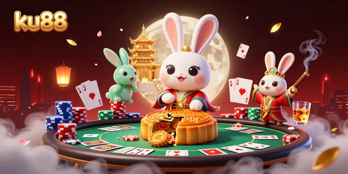 Engage with ku88's vibrant moon rabbit scene revealing poker chips in a captivating lunar casino atmosphere.