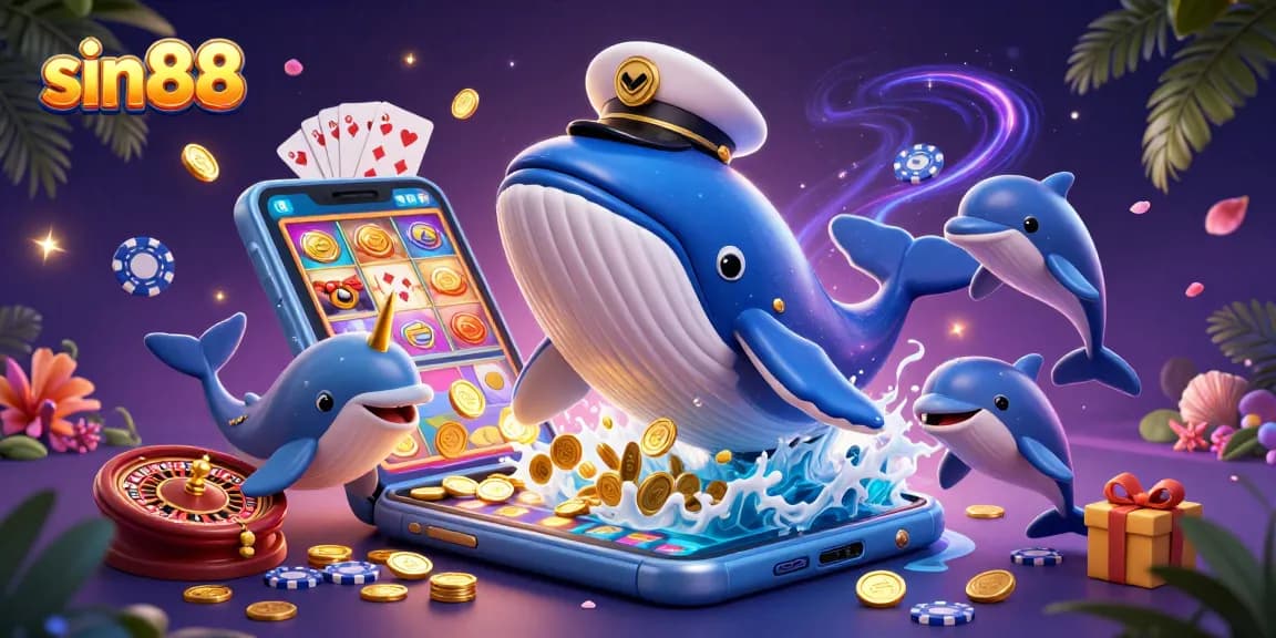 Experience sin88's vibrant casino adventure with a whimsical whale, narwhal, and dolphins surrounded by slot games.