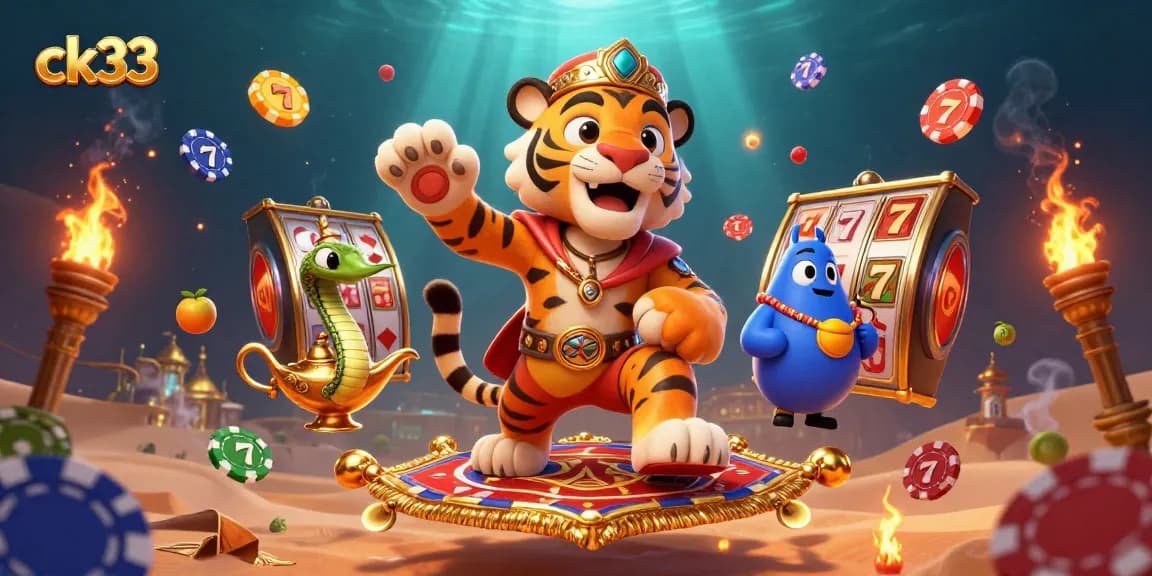 Engage with ck33 slots as a tiger sultan rides on a carpet of poker chips, winning jackpots.