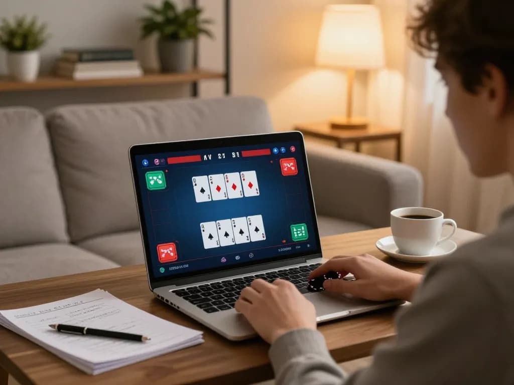 Engaging home gaming scene with Fly88, showcasing poker gameplay on a laptop.