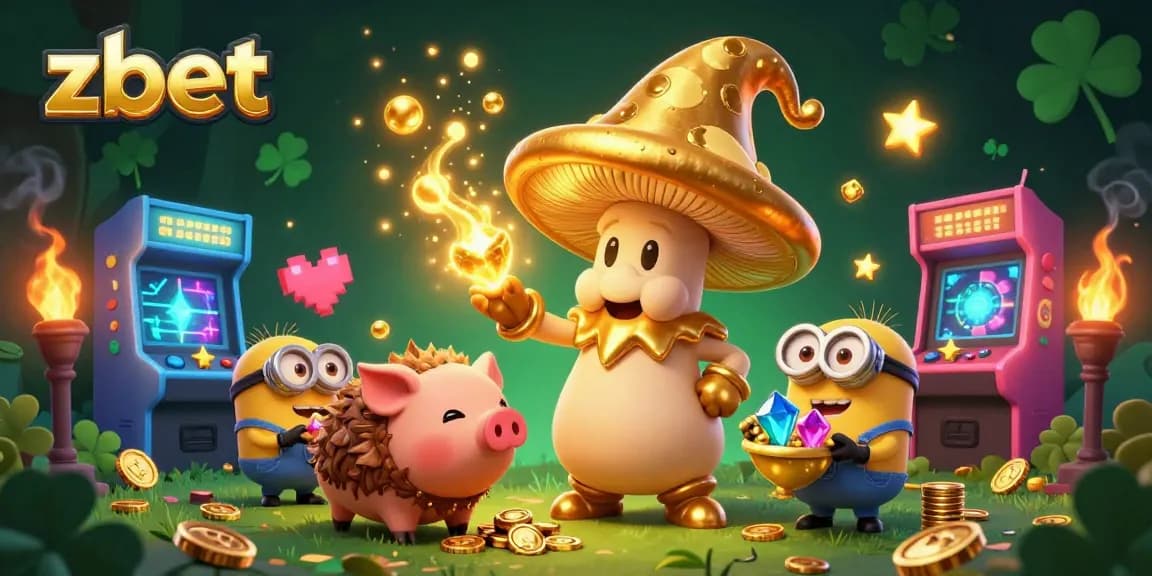 Join the zbet magical casino adventure with a golden mushroom wizard and treasure-hunting pig in a vibrant 3D scene.