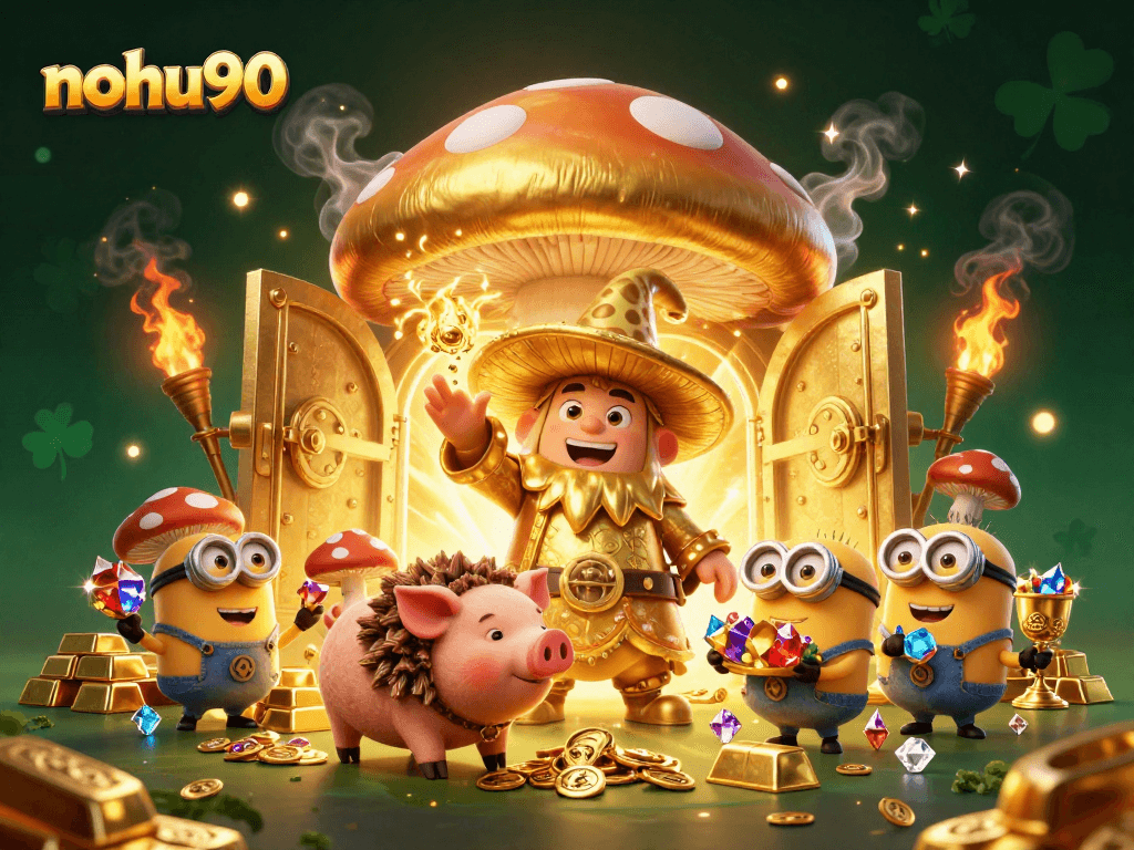 Noh90 invites players to win jackpots with a colorful 3D illustration of a wizard and treasures.