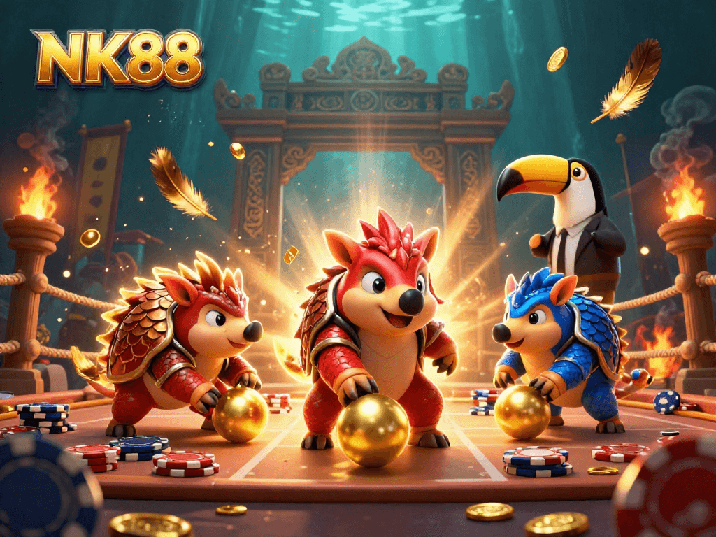 Experience the thrills of NK88 with vibrant pangolins engaging in gambling action among golden tokens and poker chips.