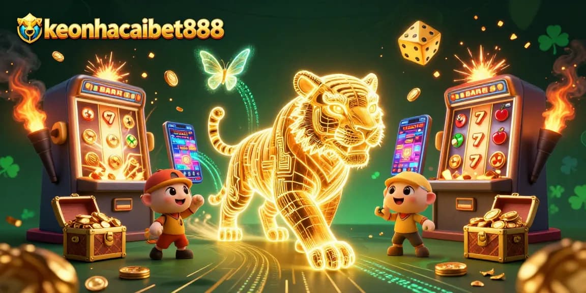 Experience excitement at keonhacaibet888 with vibrant 3D casino illustration featuring dynamic slot machine visuals.