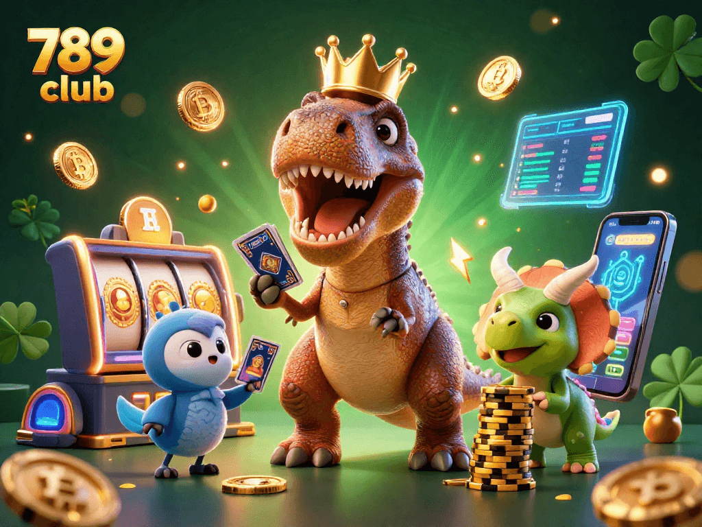 Engage in thrilling gaming action at 789 club with vibrant characters and slot reels.