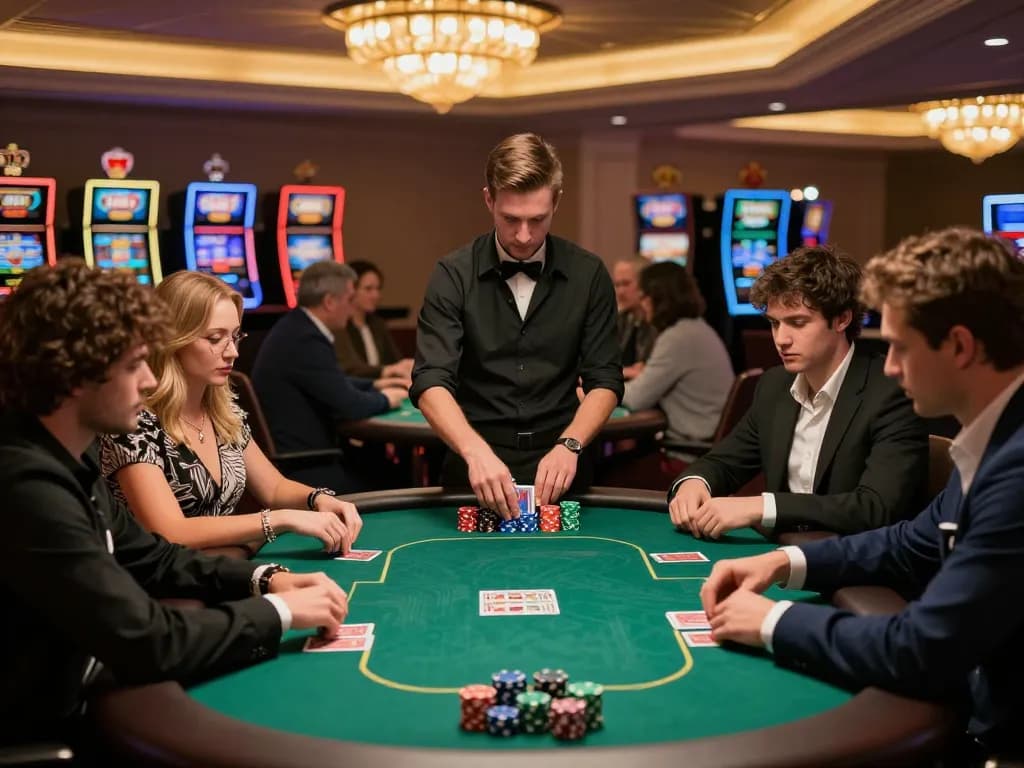 Players enjoy an exciting poker game at 789bet's upscale casino with vibrant atmosphere.