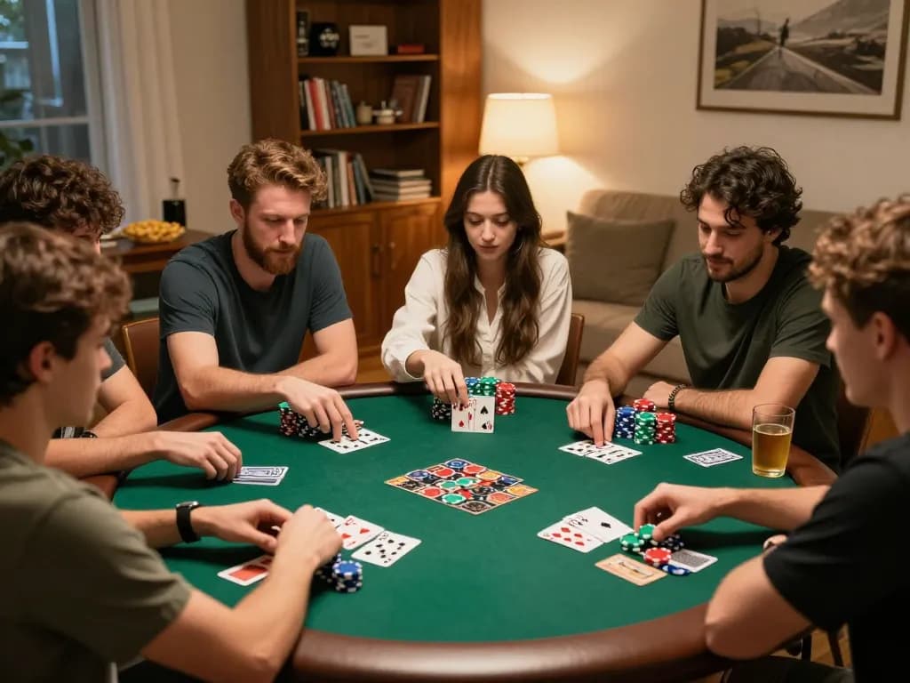 Friends engaging in a spirited home poker game, showcasing LINK SUNWIN's casual gaming atmosphere.