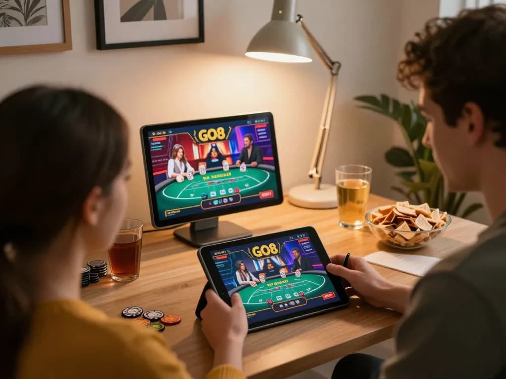 Engage in GO8 online gaming with friends, capturing excitement of poker action in a cozy home setting.