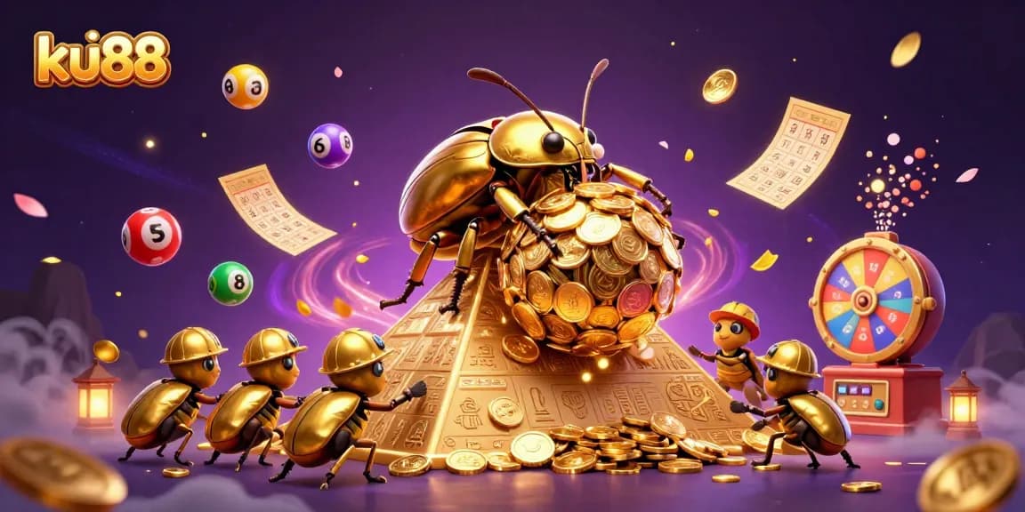 Join the excitement of ku88 with a 3D cartoon scene of beetles amidst casino symbols rolling golden coins and lottery elements.