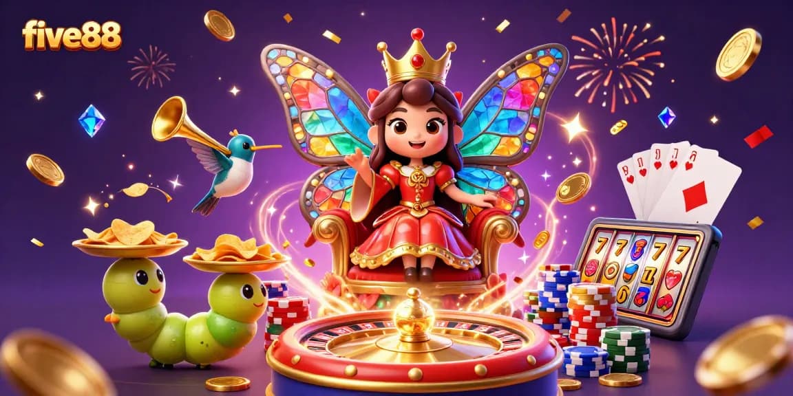 Experience thrilling gameplay at five88 with a vibrant illustration of a butterfly queen amidst golden casino elements.