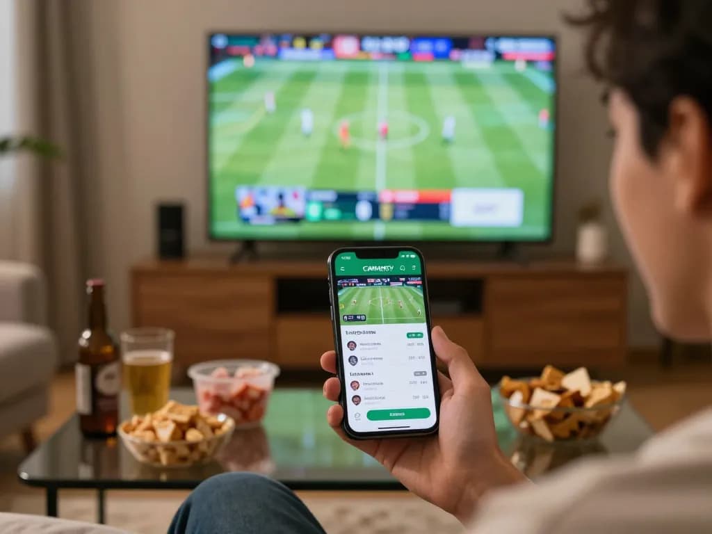 Engaged viewer using CAKHIATV for live sports betting on smartphone in a relaxed living room.