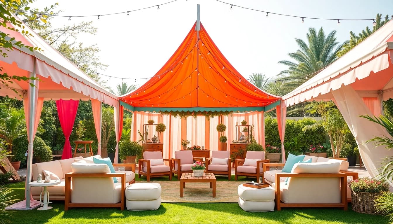 Set up for outdoor party rentals with colorful tents and decorations in a garden.