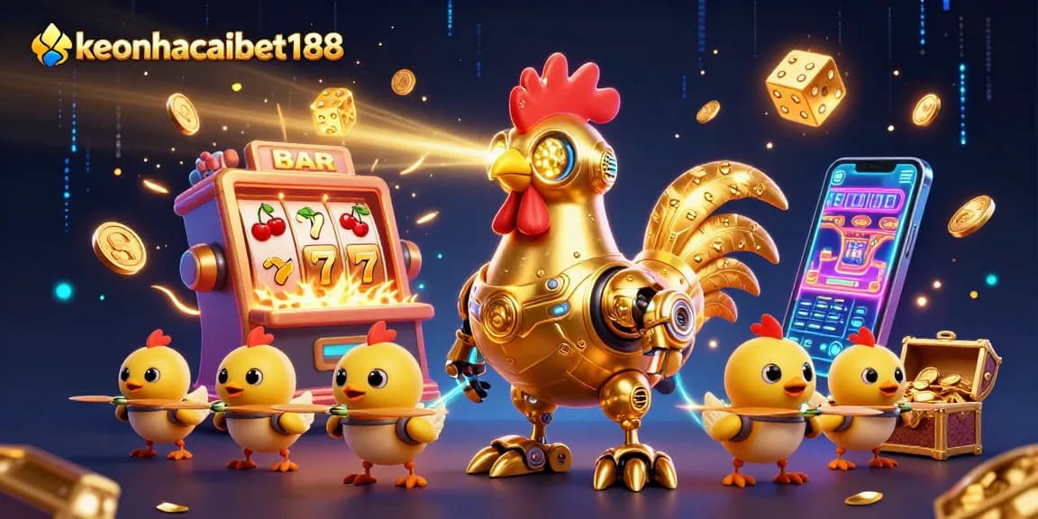Engage with keonhacaibet188's thrilling casino adventures featuring golden rooster robot and jackpot slots.