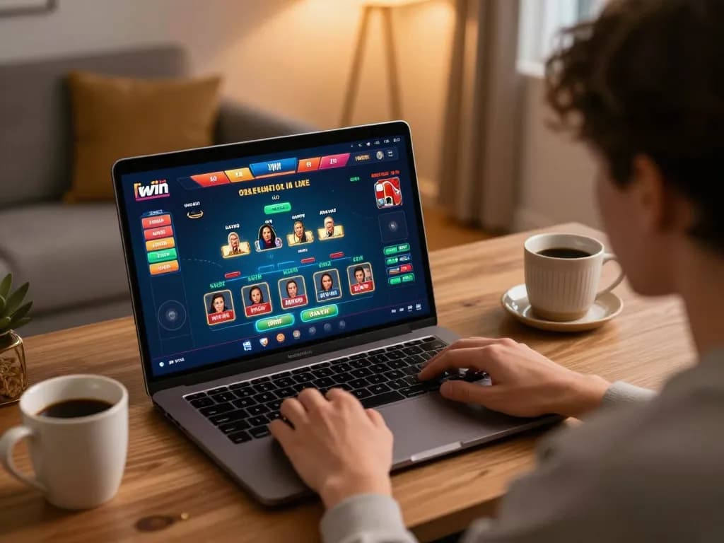 IWIN player engaged in an exciting online casino game with a live dealer interface at home